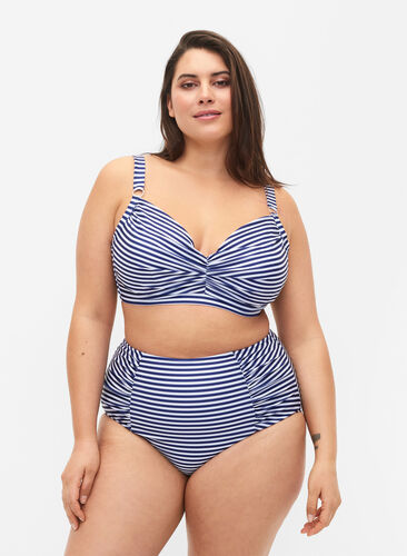 Doly bikini w paski z wysokim stanem, Blue Striped, Model image number 0