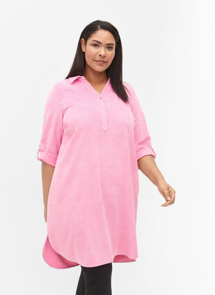 Aksamitna sukienka z 3/4-length rekawami i guzikami, Begonia Pink, Model image number 0