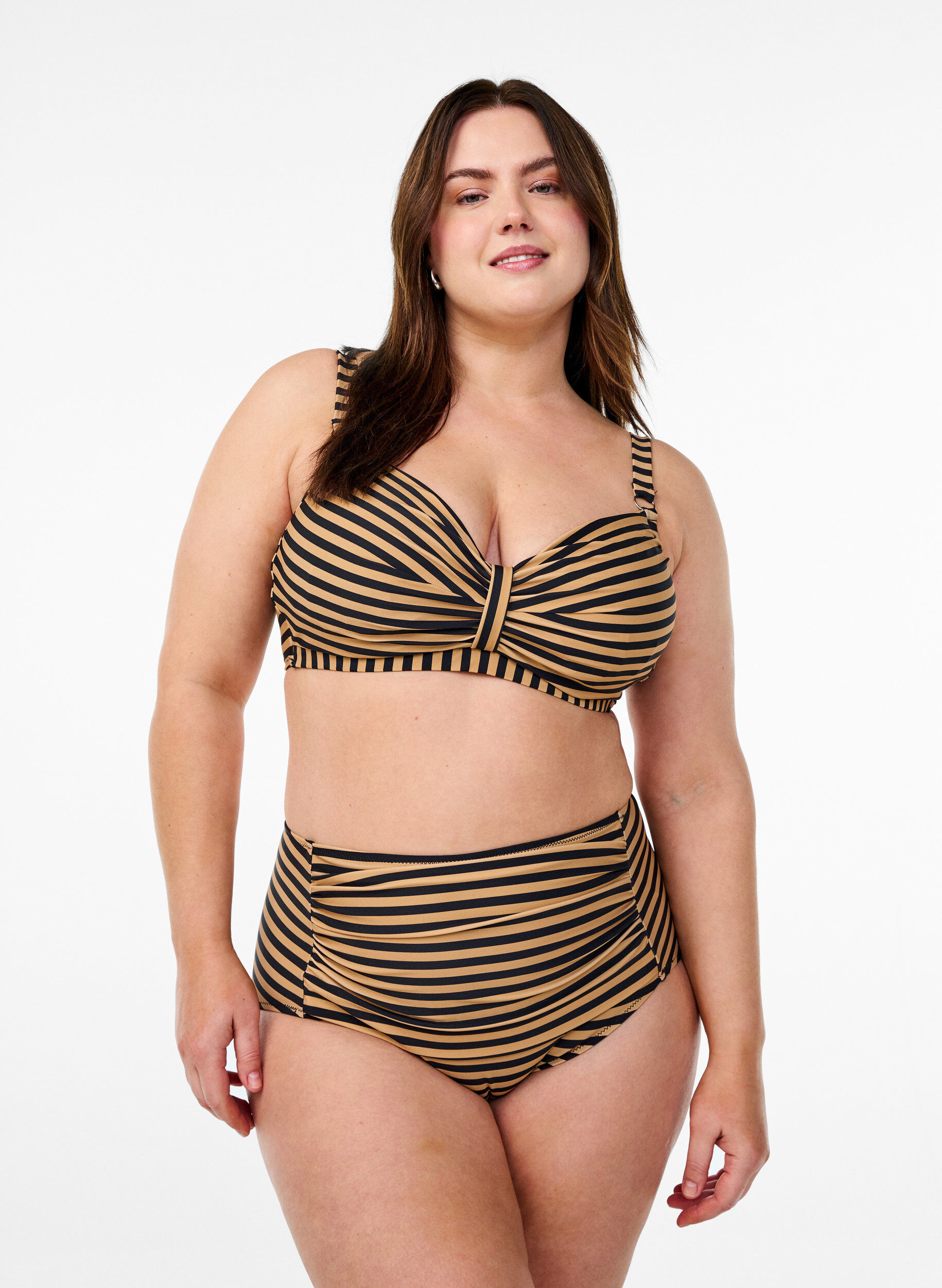 Pasiaste doly bikini z wysokim stanem, Brązowy, Model