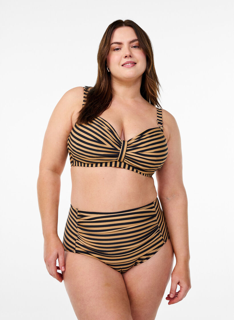 Pasiaste doly bikini z wysokim stanem, Brązowy, Model image number 0