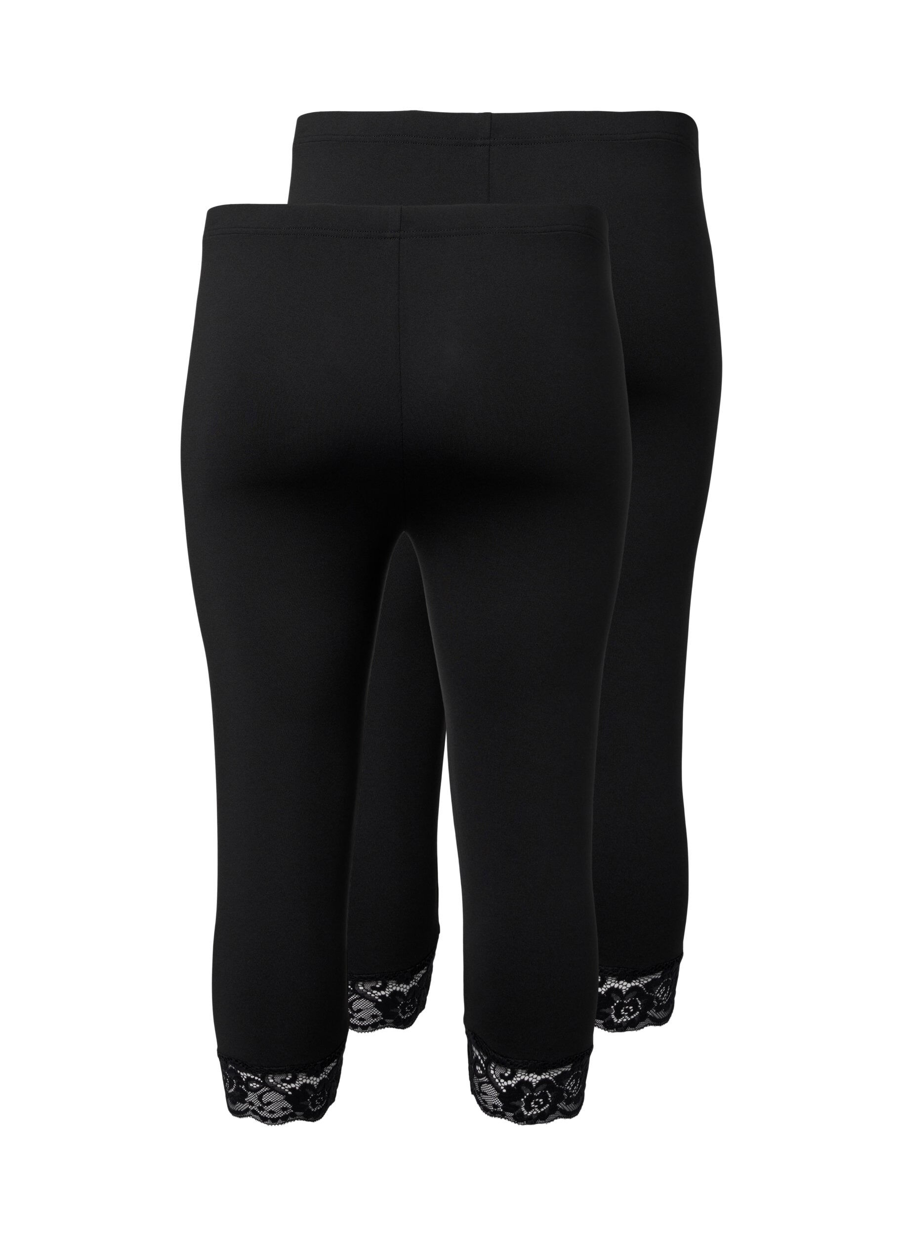 Zizzi 2-pair legginsy 3/4 z koronkowym wykonczeniem, Black / Black, Packshot image number 1
