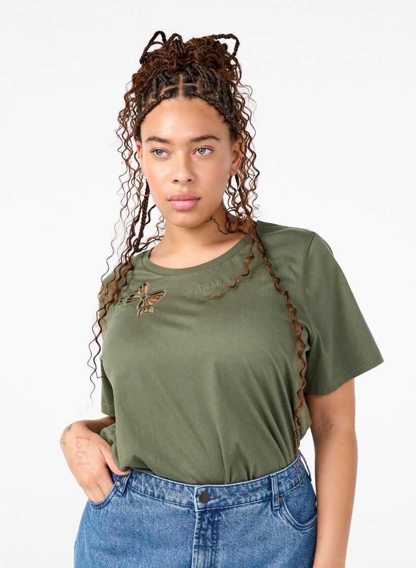 T-shirt z bawelny organicznej z kokardka, Thyme, Model image number 0