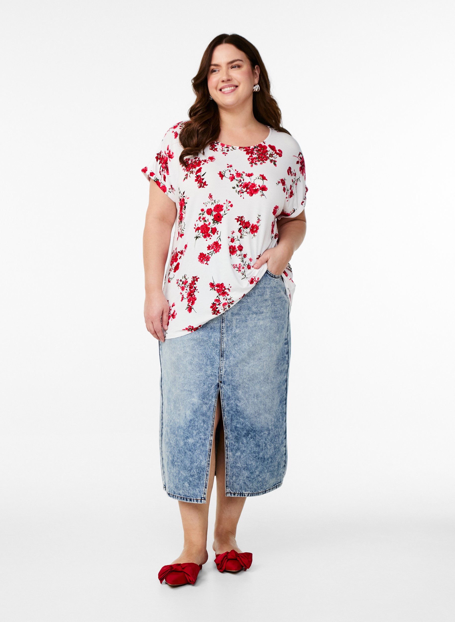 Zizzi Koszulka z nadrukiem w kwiaty, Czerwony, Model image number 1