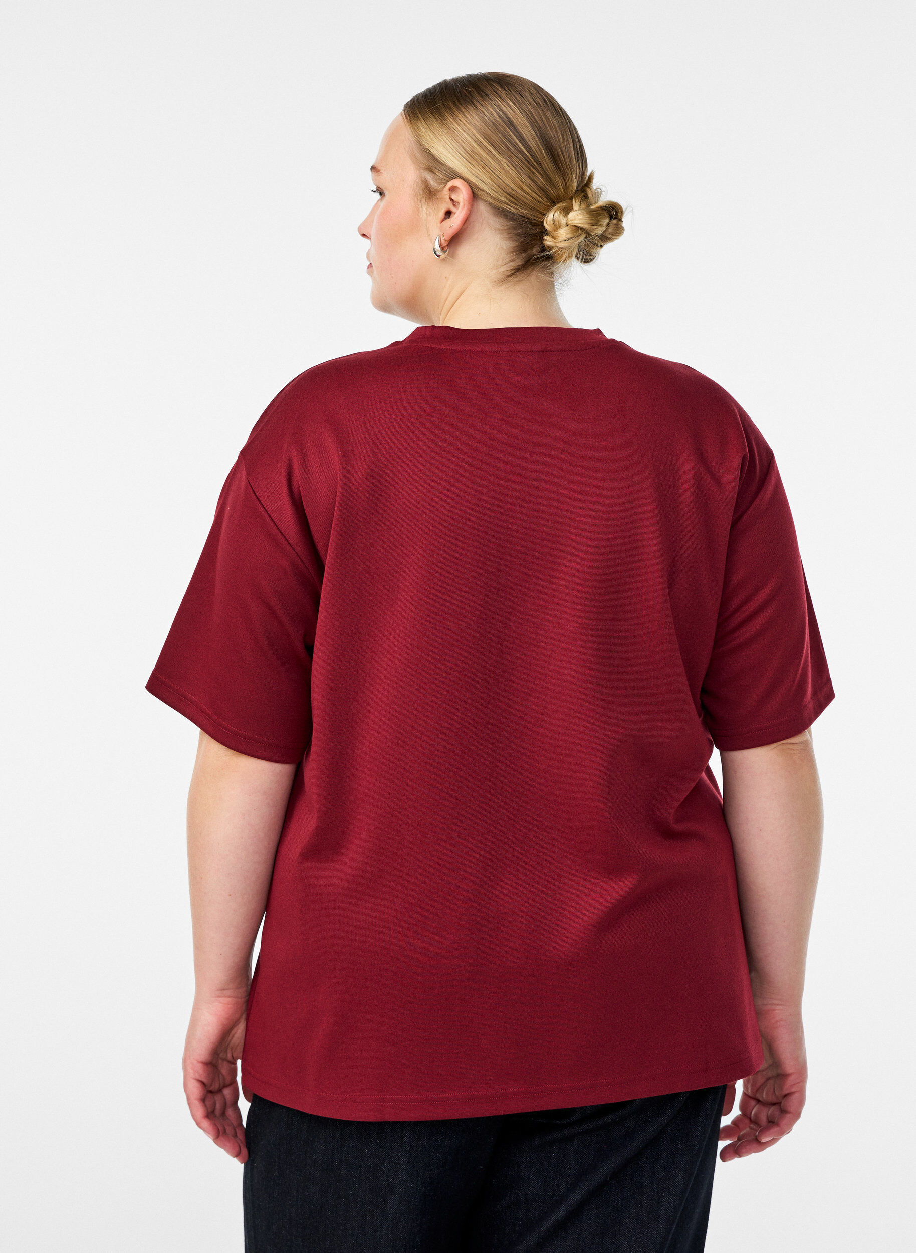 ZizziT-shirt z krysztalkami i okraglym dekoltem, Ciemnobordowy, Model image number 2