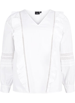Bluzka z marszczeniami i koronkowym wykonczeniem, Bright White, Packshot image number 0