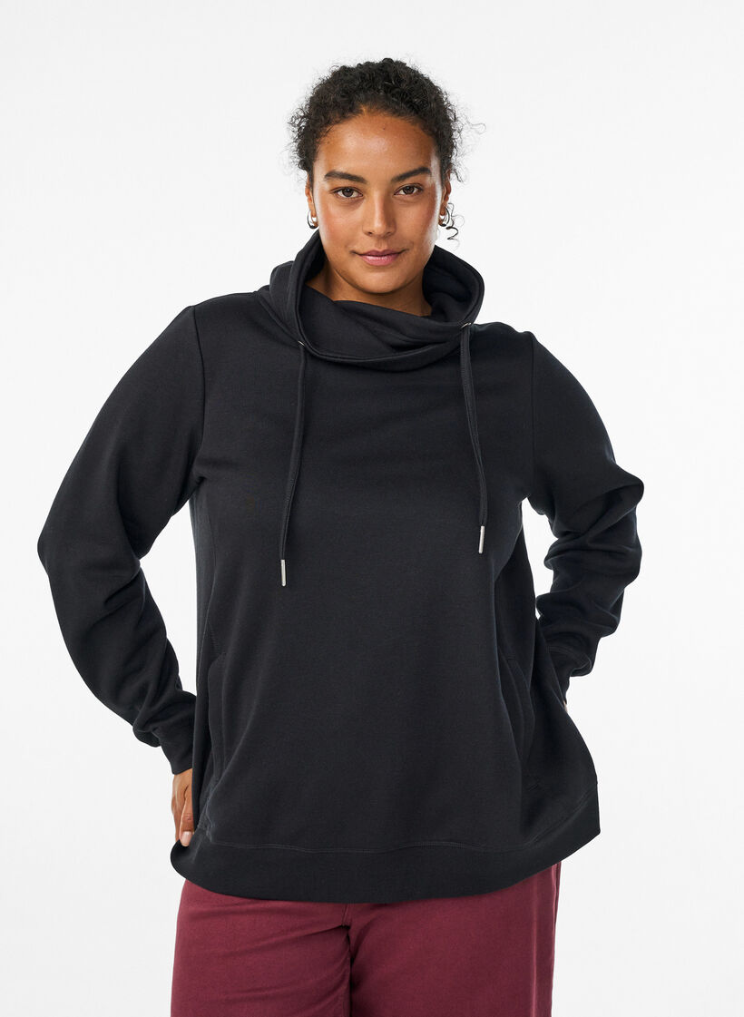 Bluza z wysokim kolnierzem i kieszeniami, Czarne, Model image number 0