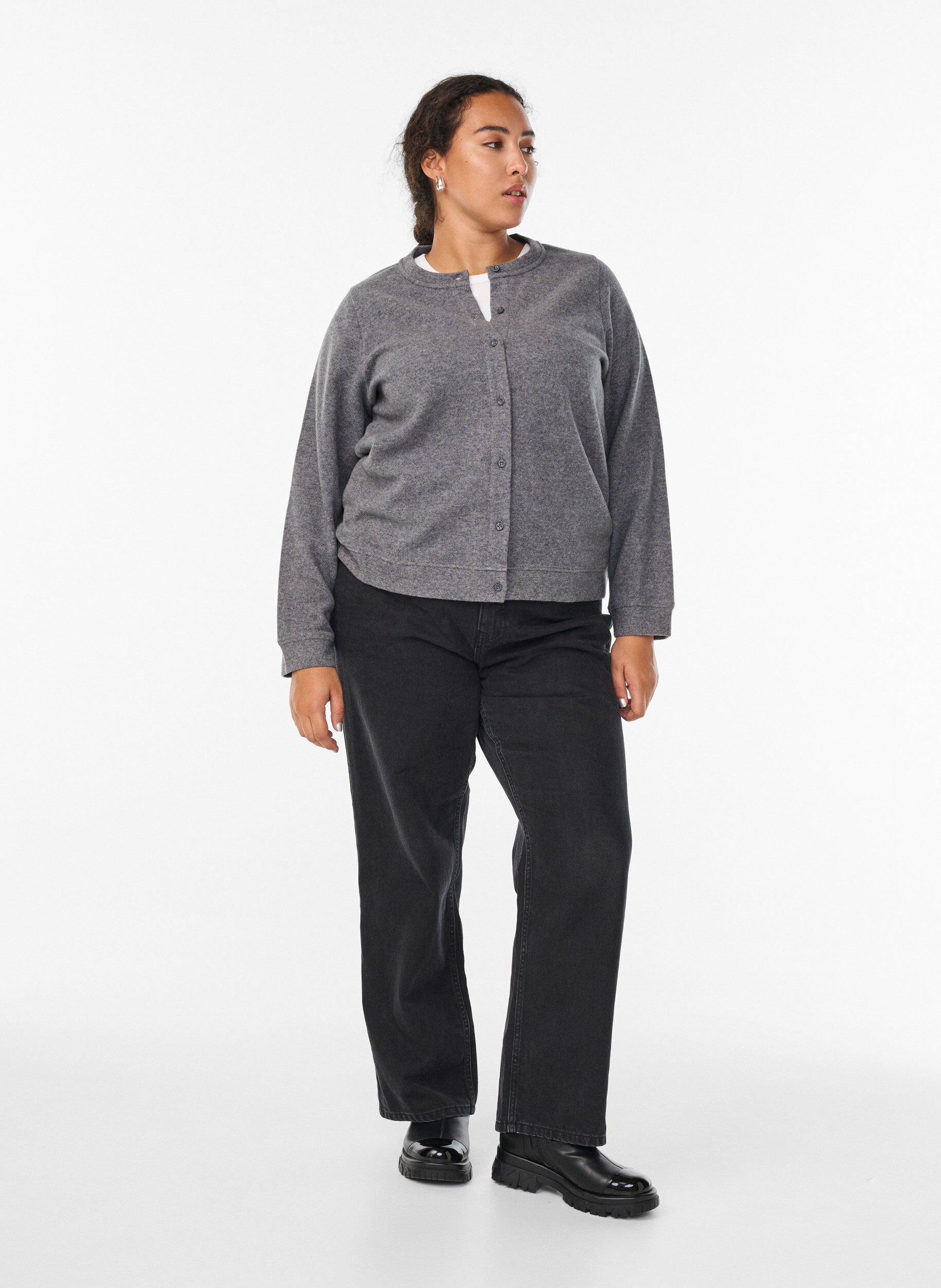 Zizzi Kardigan z dzianiny z okraglym dekoltem i guzikami, Ciemnoszary, Model image number 1