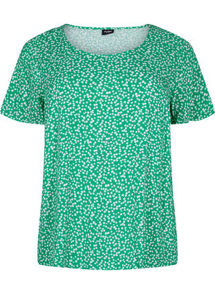 FLASH – bluzka z wiskozy z krótkim rekawem i nadrukiem, Bright Green Wh.AOP, Packshot image number 0