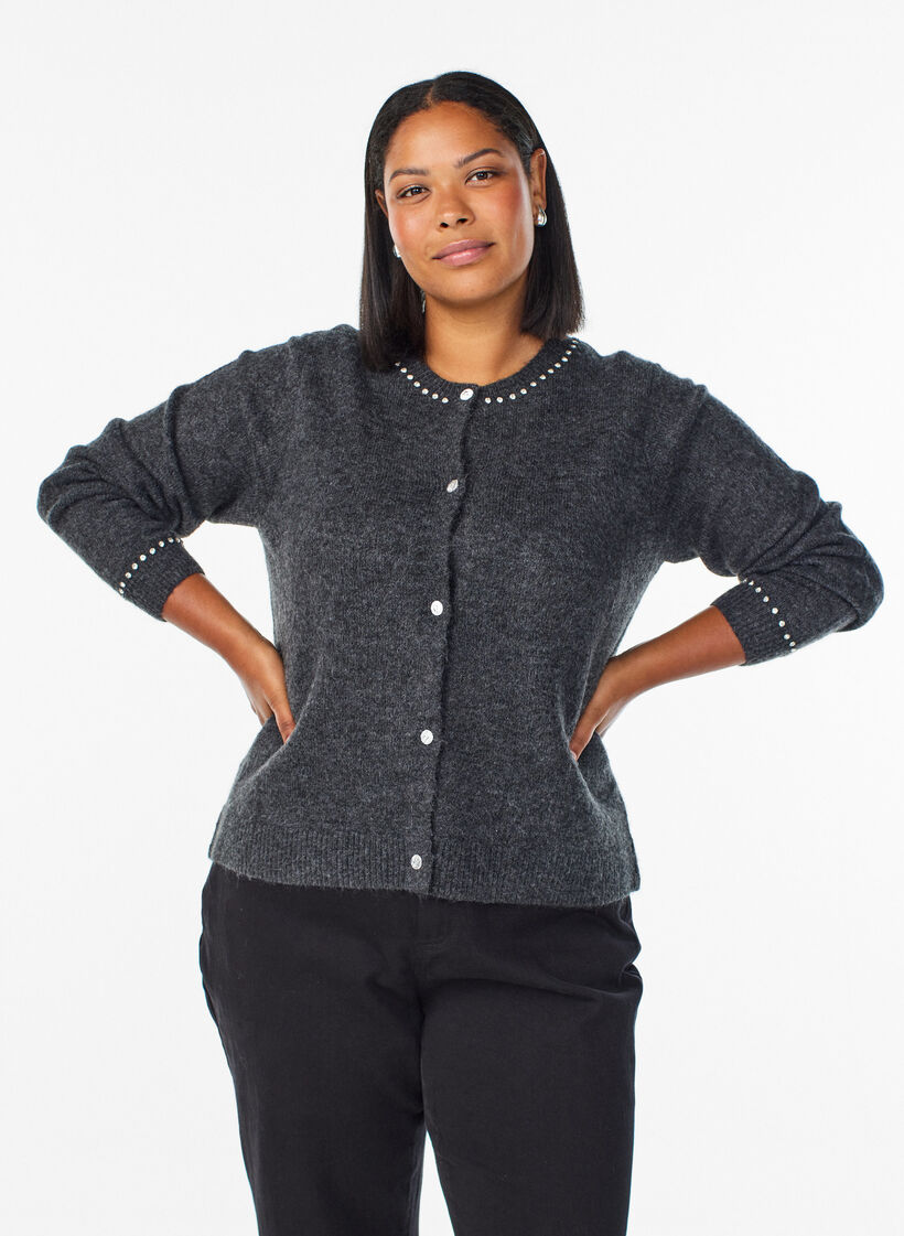 Kardigan z krysztalkami i ozdobnymi guzikami, Ciemnoszary, Model image number 0