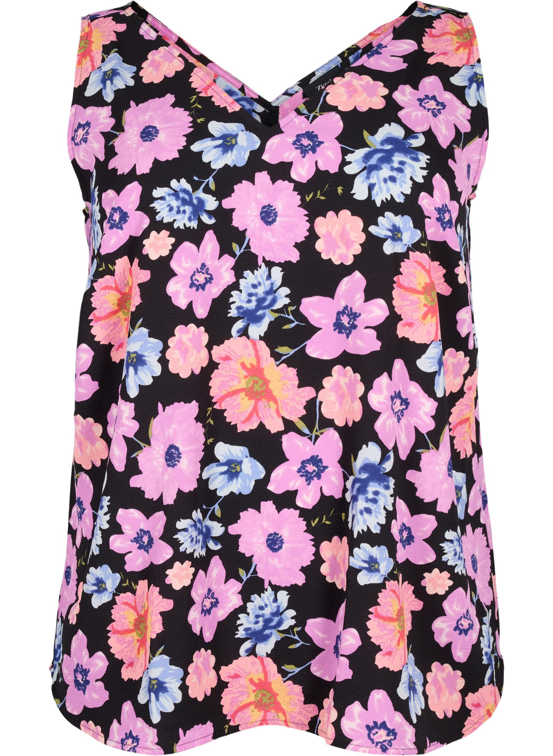 Zizzi Top w kwiaty z dekoltem w serek, Black Big Flower AOP, Packshot image number 0