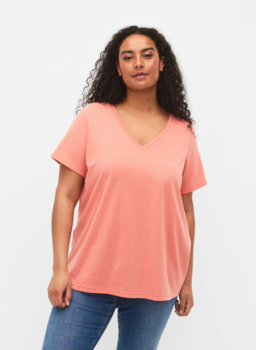 T-shirt z krótkim rekawem i dekoltem w szpic, Bright Coral, Model image number 0