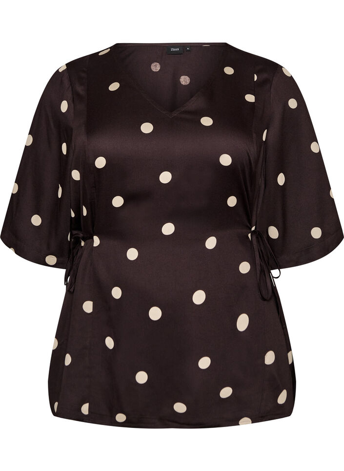 Bluzka z wiskozy Polka dot z dekoltem w ksztalcie litery V i wiazaniami, Brązowy, Packshot image number 0