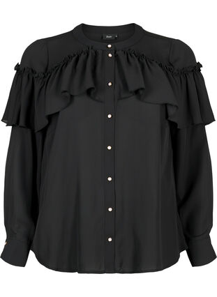  Bluzka koszulowa z falbana i perlowymi guzikami, Black, Packshot image number 0