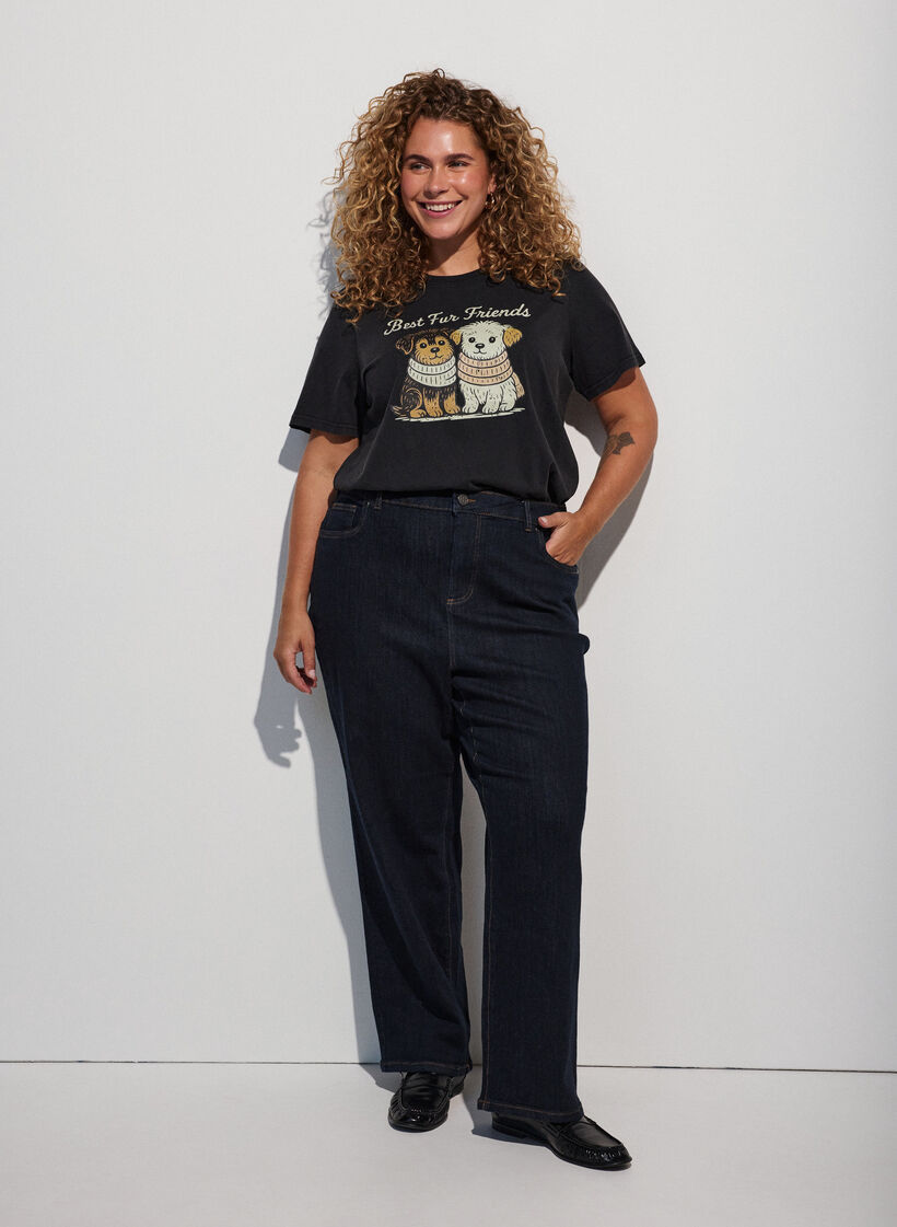 T-shirt z nadrukiem psa i wyblaklym wygladem, Ciemnoszary, Model image number 1
