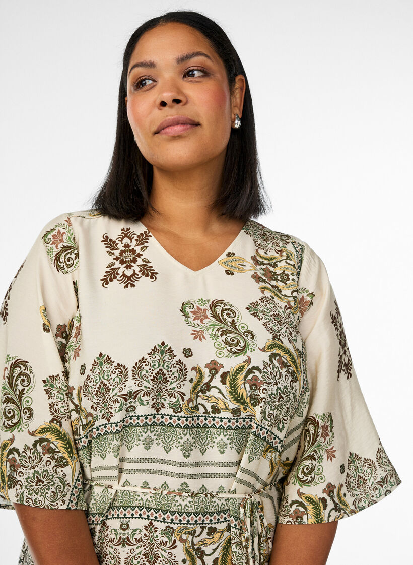 Sukienka midi z wiskozy w krate z paskiem do wiazania, Zielony, Model image number 2