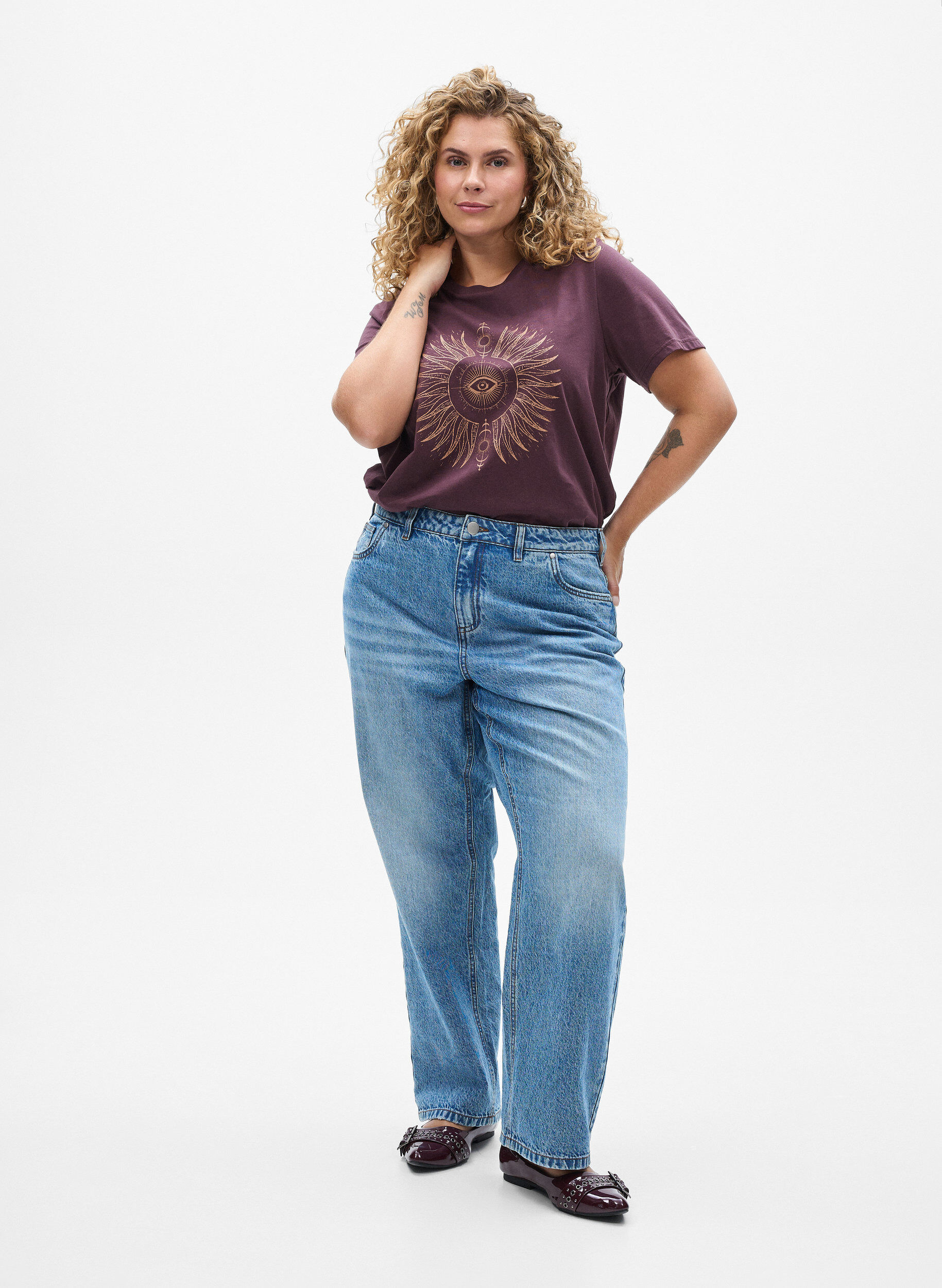 Zizzi Koszulka bawelniana z nadrukiem z przodu, Ciemnobordowy, Model image number 1