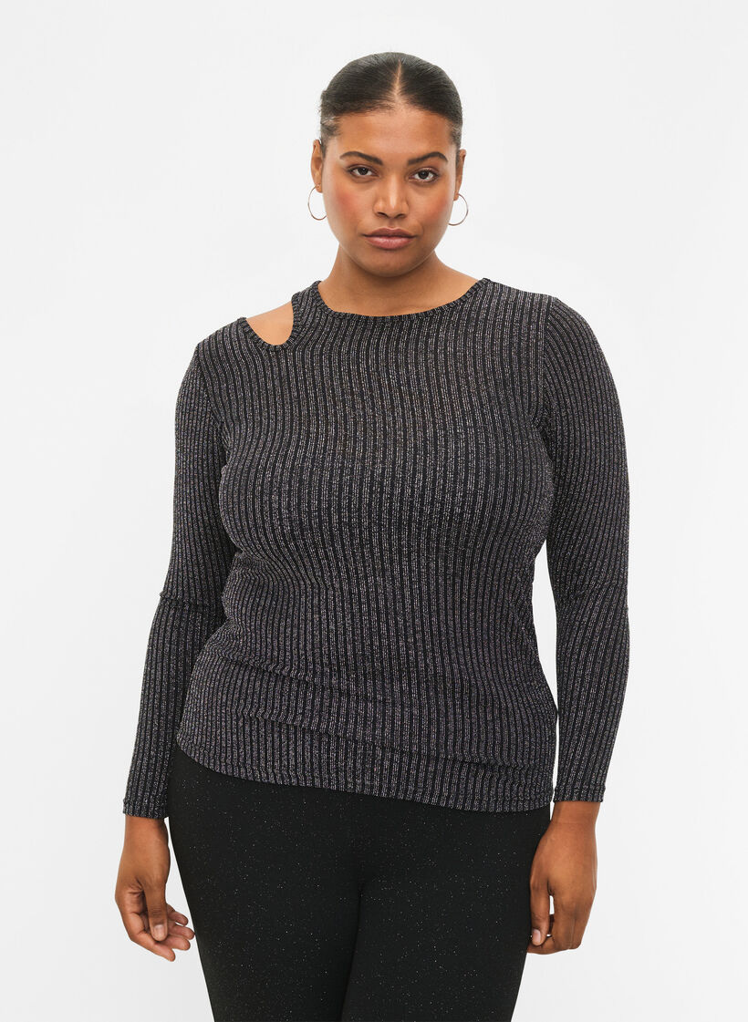 Bluzka z brokatem z wycieciami i dlugimi rekawami, B. w. Silver Stripes, Model image number 0