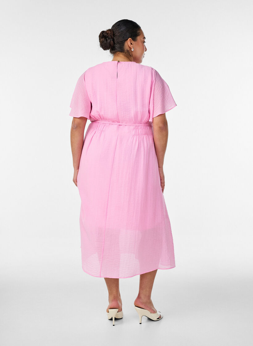 Sukienka do kostek z falujacymi rekawami i paskiem w talii, R&oacute;żowy, Model image number 1