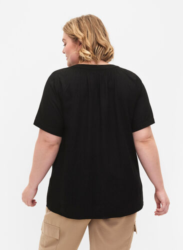 Wiskozowa bluzka z krótkimi rekawami i dekoltem w szpic, Black, Model image number 1