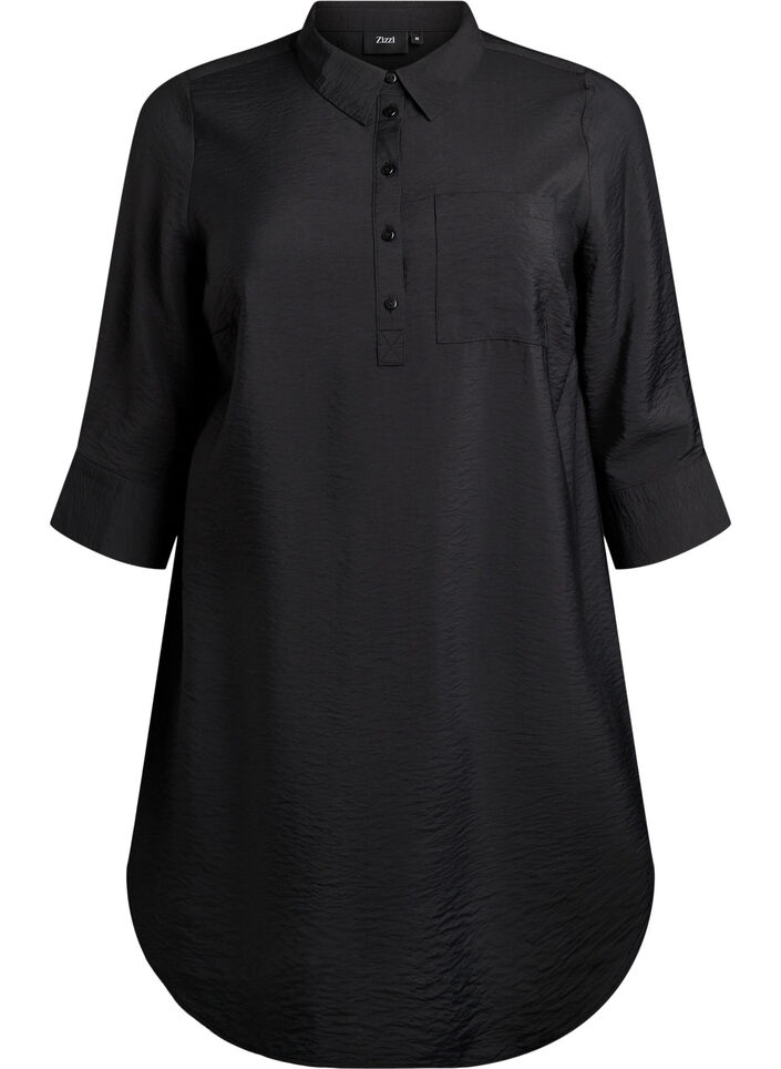 Krótka sukienka z kolnierzykiem i kieszenia na piersi, Czarne, Packshot image number 0