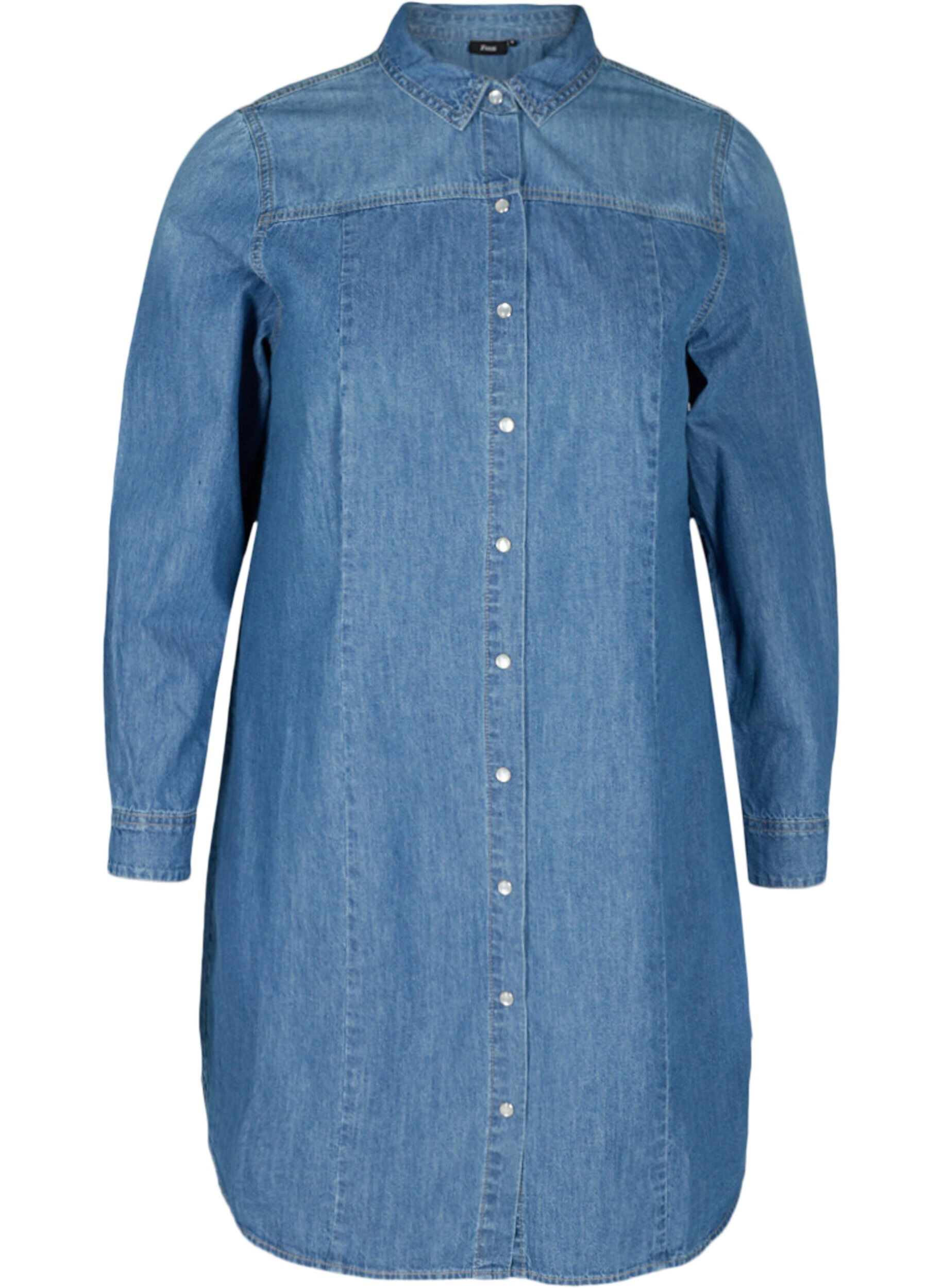Zizzi Long denim shirt in cotton, Blue denim, Packshot image number 0