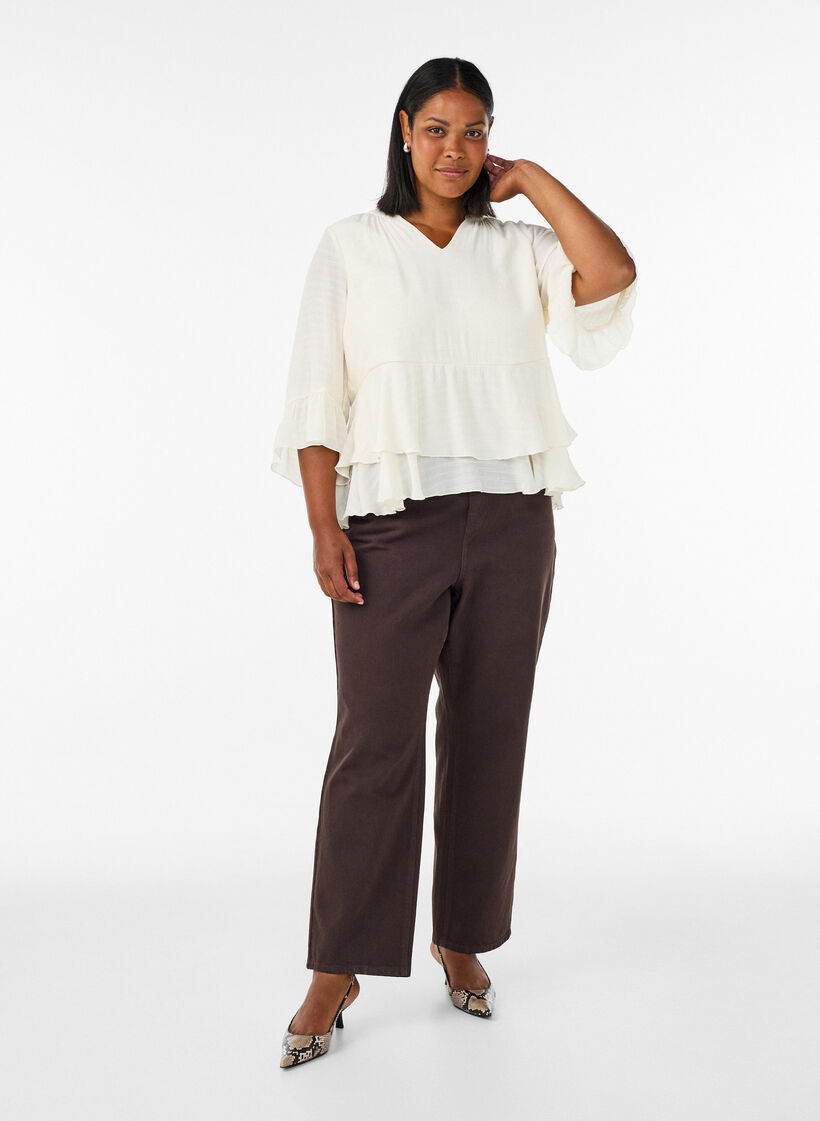 Bluzka z 3/4-sleeves i falbankami, Biały, Model image number 1