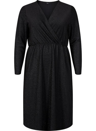 Brokatowa sukienka kopertowa z dlugimi rekawami, Black Black, Packshot image number 0