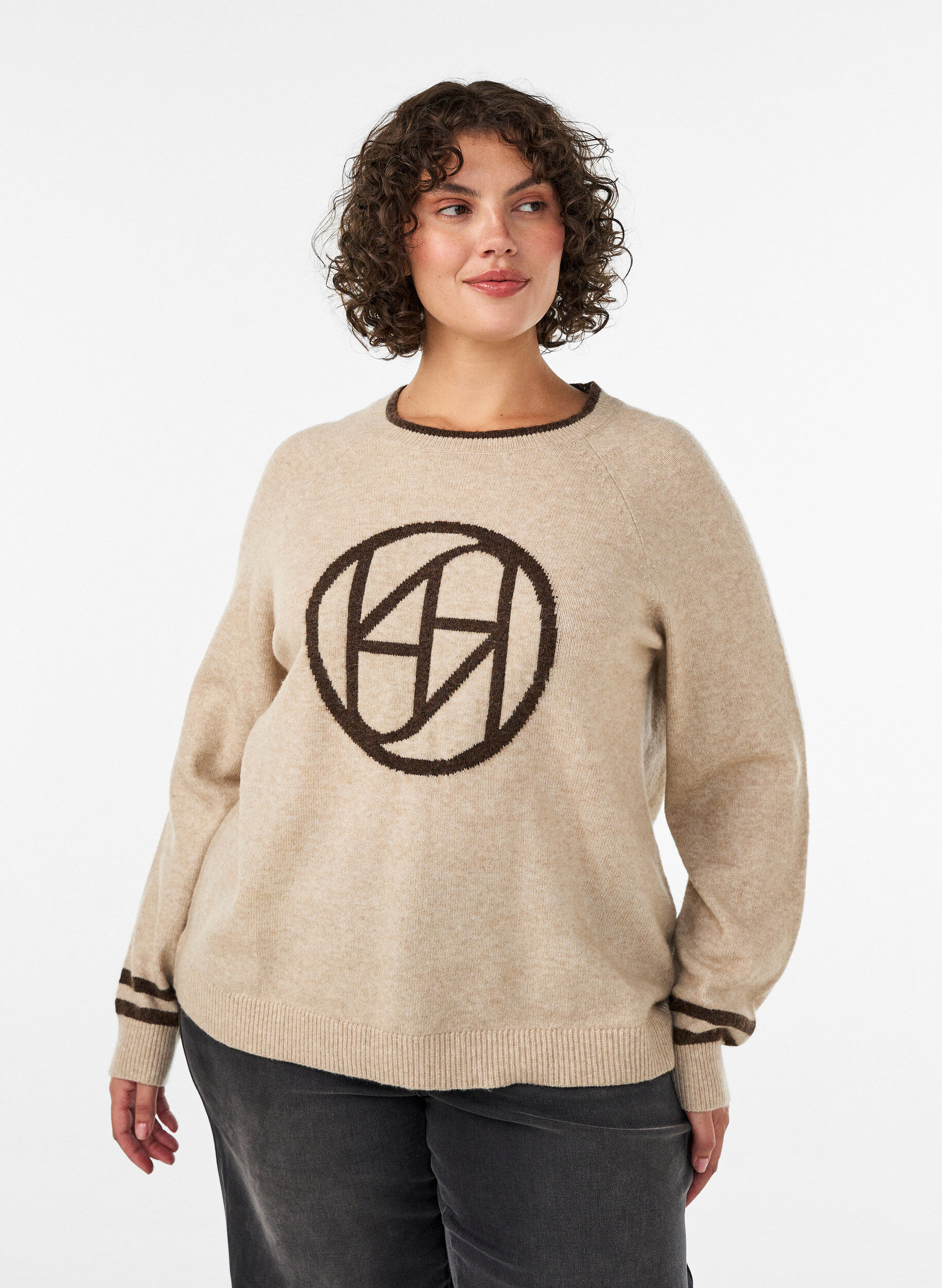 Sweter z logo i kontrastowymi paskami, Beżowy, Model
