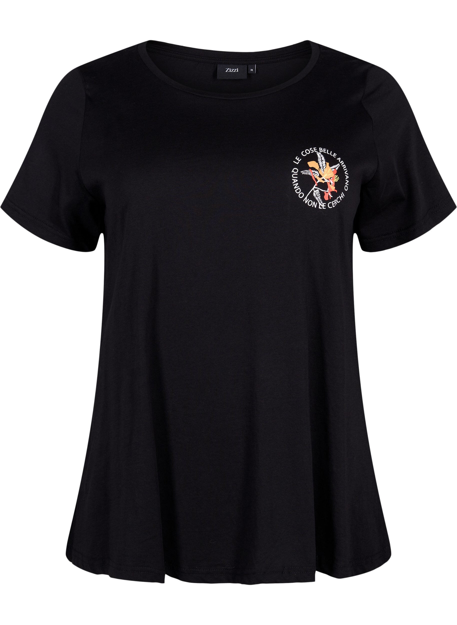 Zizzi Cotton t-shirt with print on the front, Black W. Chest print, Packshot image number 0