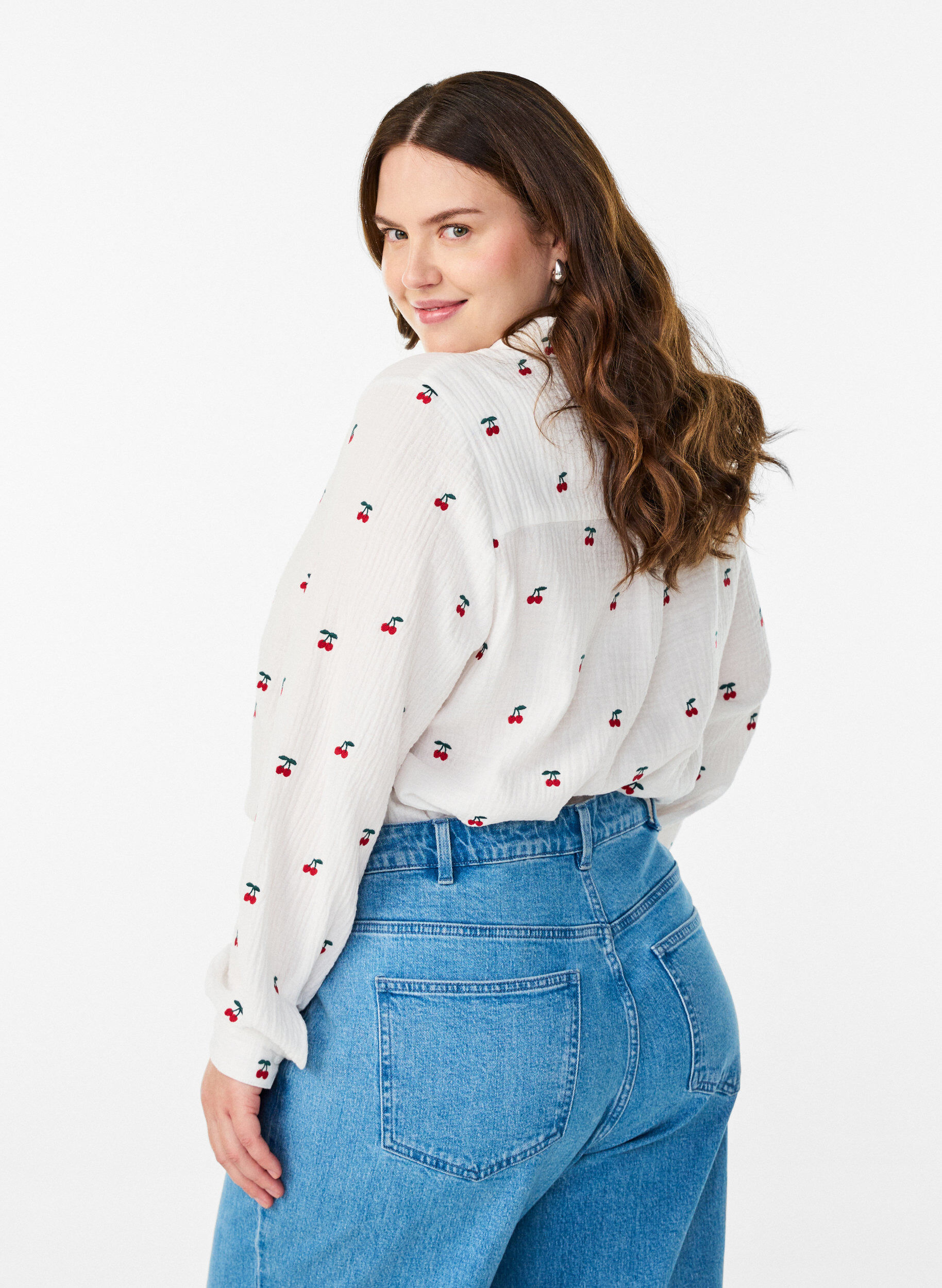 Zizzi Bluzka z bawelnianej muslinu z dlugim rekawem i haftowanymi motywami, Biały, Model image number 2