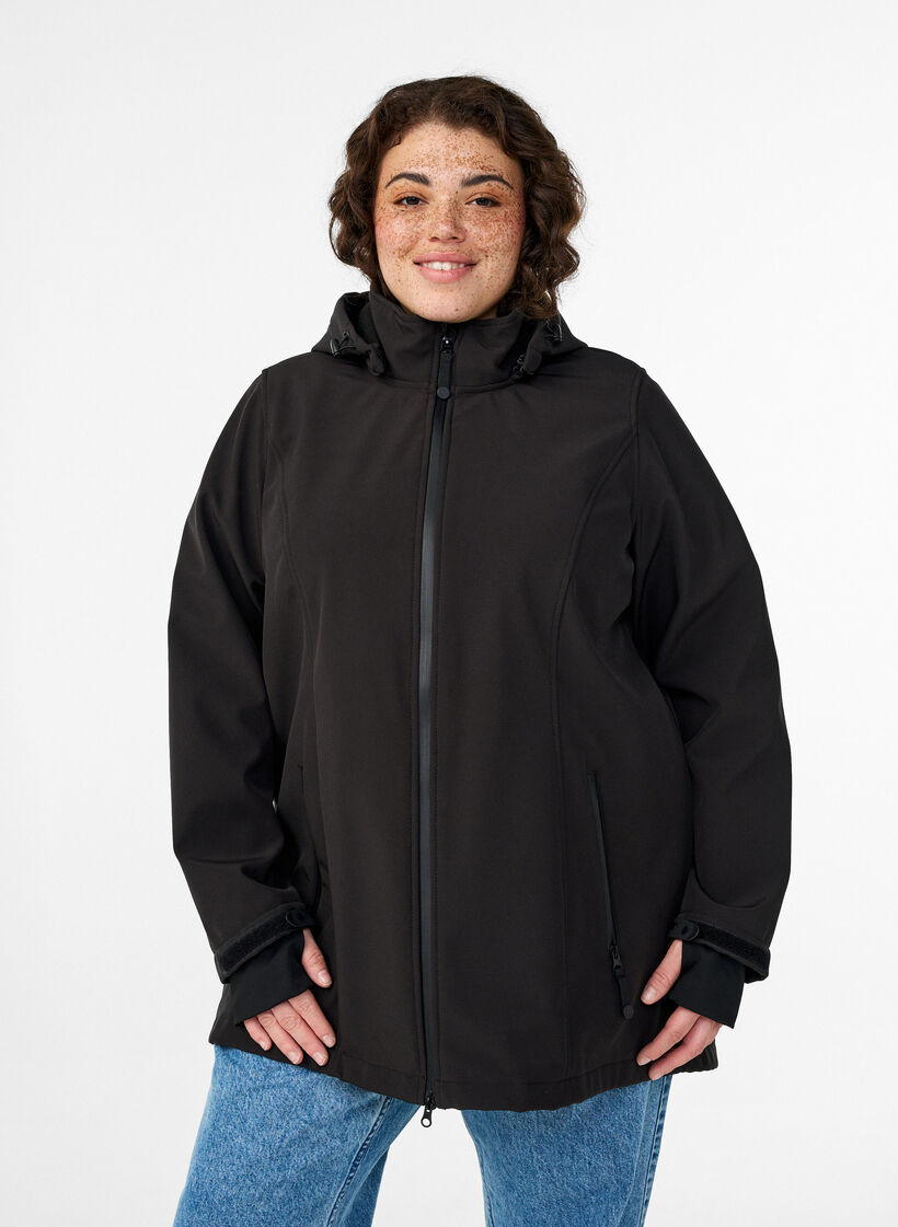 Kr&oacute;tka kurtka softshell z odpinanym kapturem, Czarne, Model image number 0