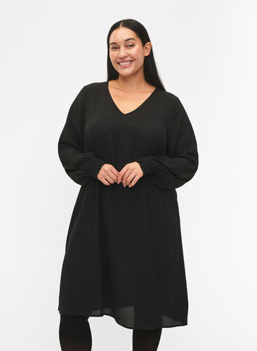 FLASH - Sukienka z dlugim rekawem i brokatem, Black w. Silver , Model image number 0