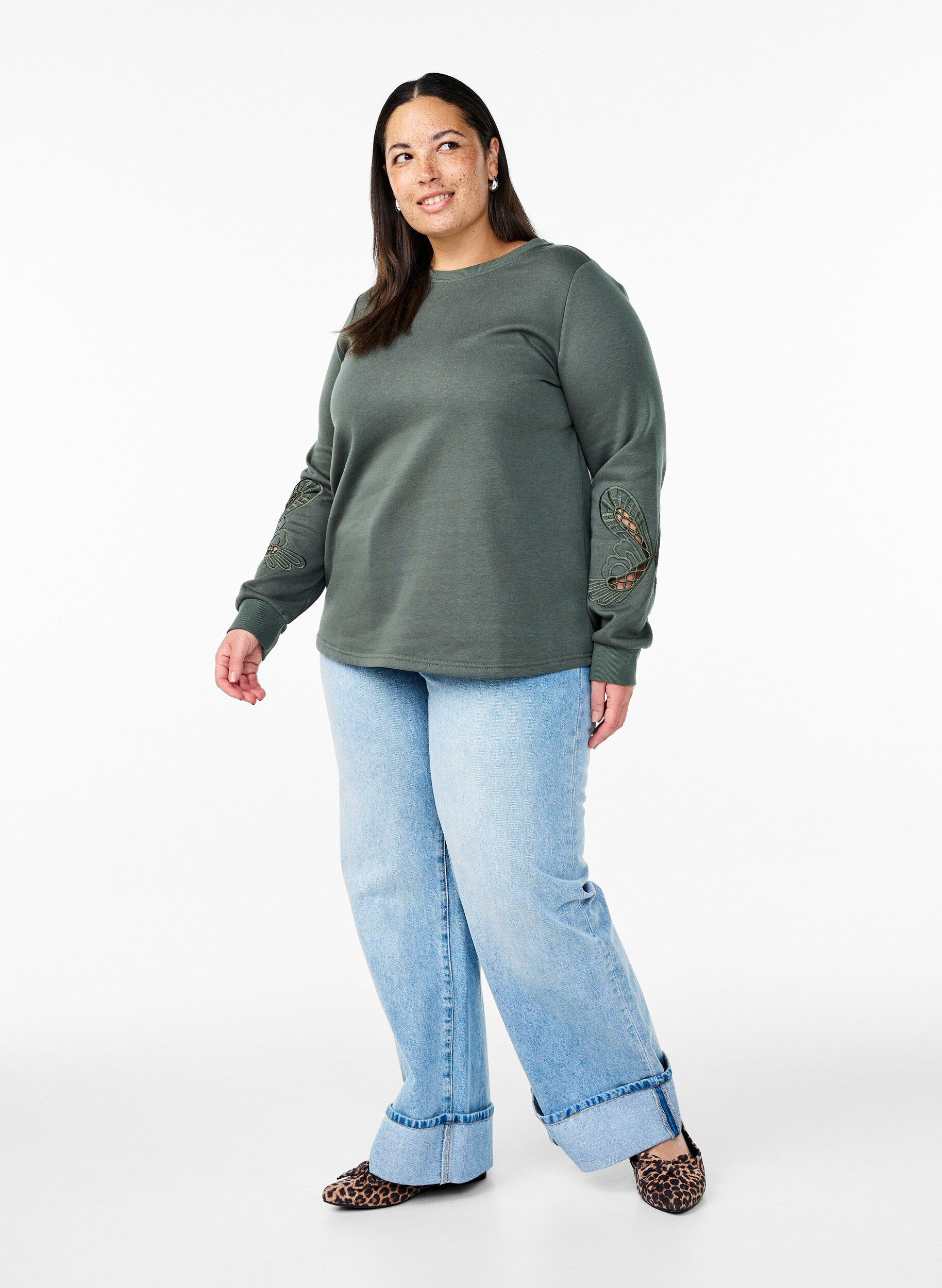 Zizzi Bluza z haftowanymi wycieciami, Thyme, Model image number 2