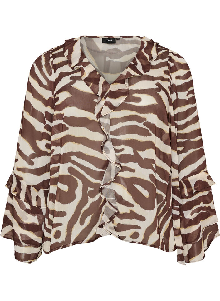 Szyfonowa bluzka w zebre z falbankami, Brązowy, Packshot image number 0