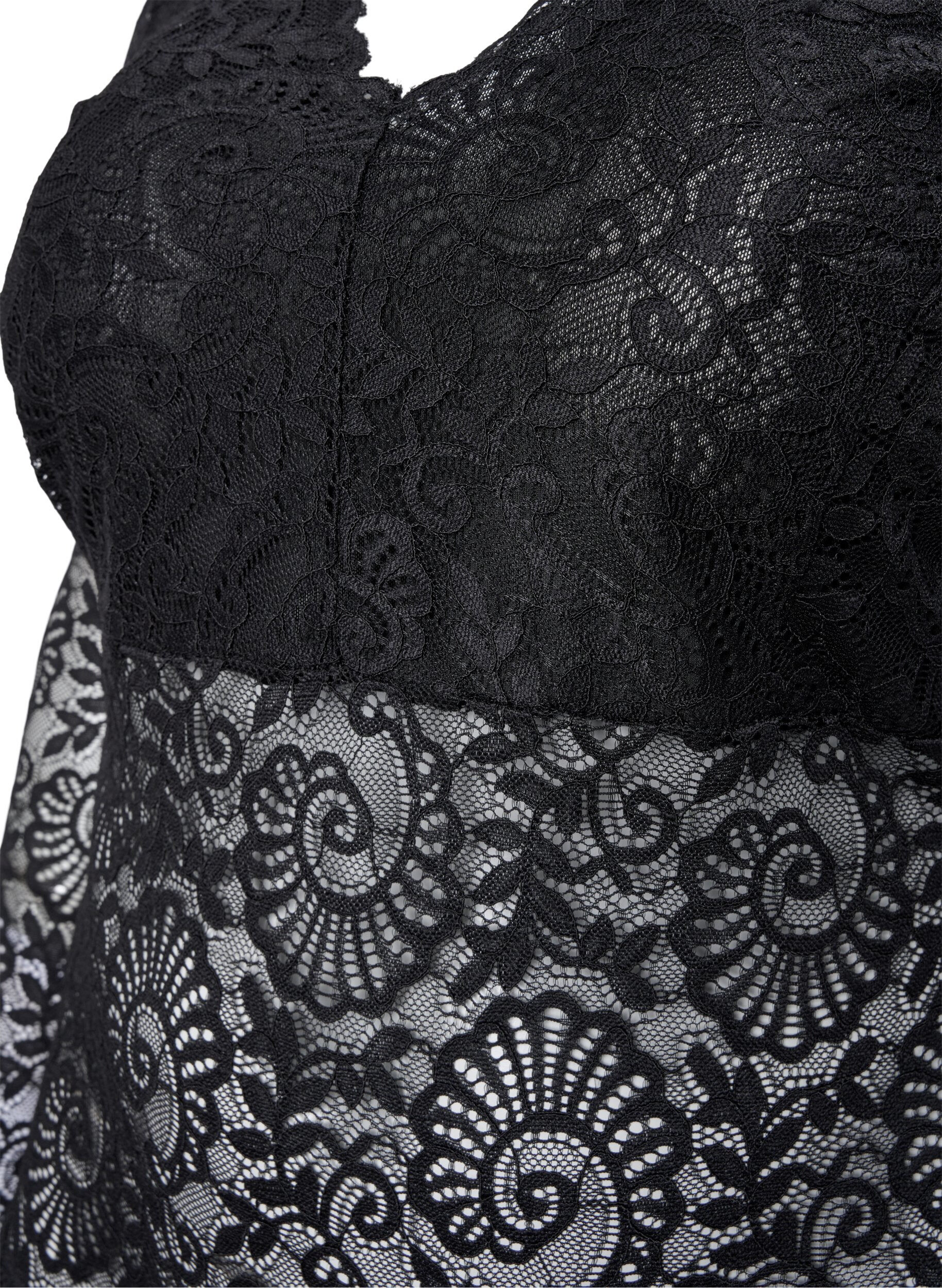 Zizzi Koronkowe bodystocking z dlugim rekawem i dekoltem w szpic, Black, Packshot image number 3