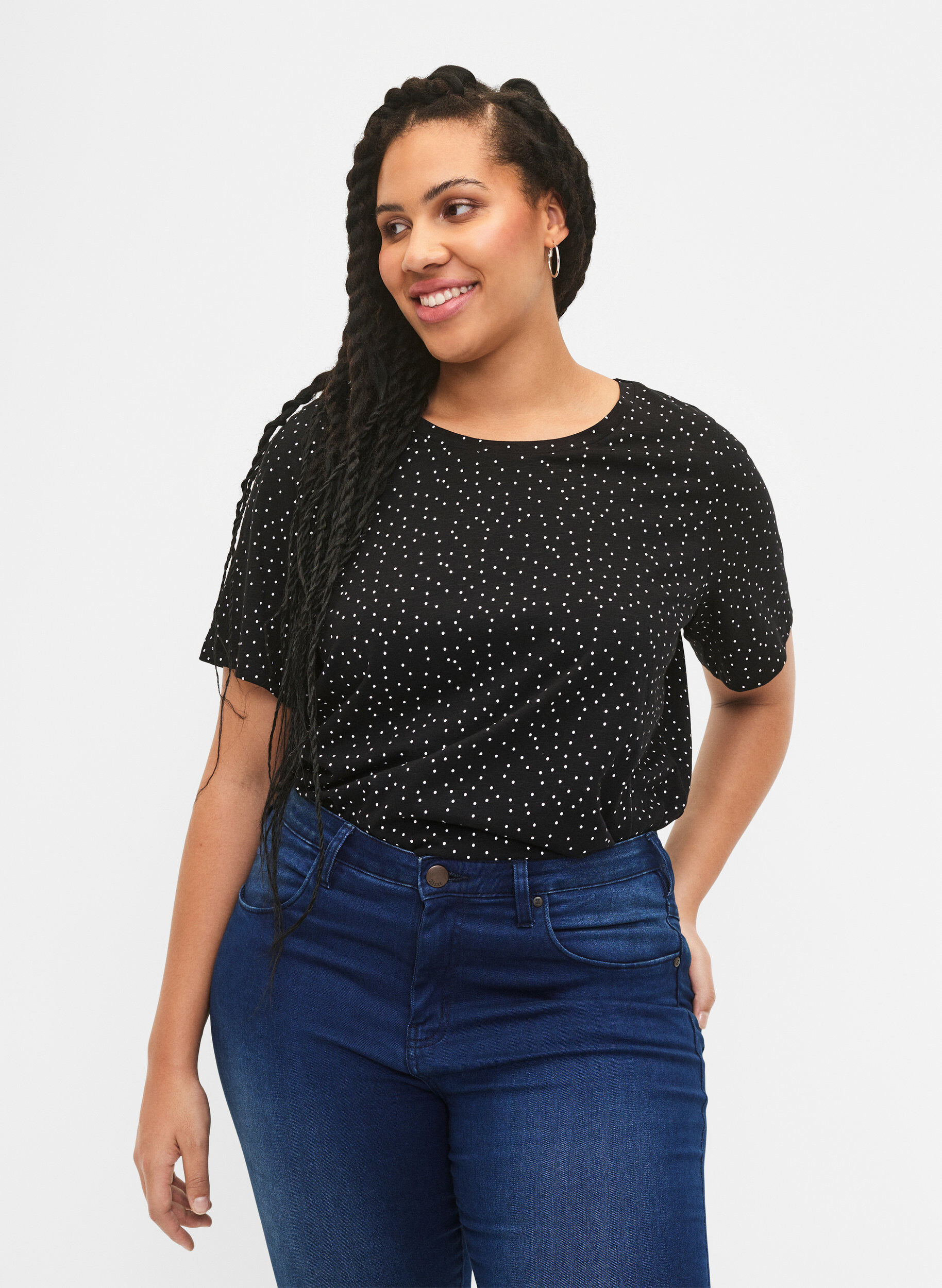 Zizzi  Koszulka w kropki z bawelny organicznej, Czarne, Model image number 0
