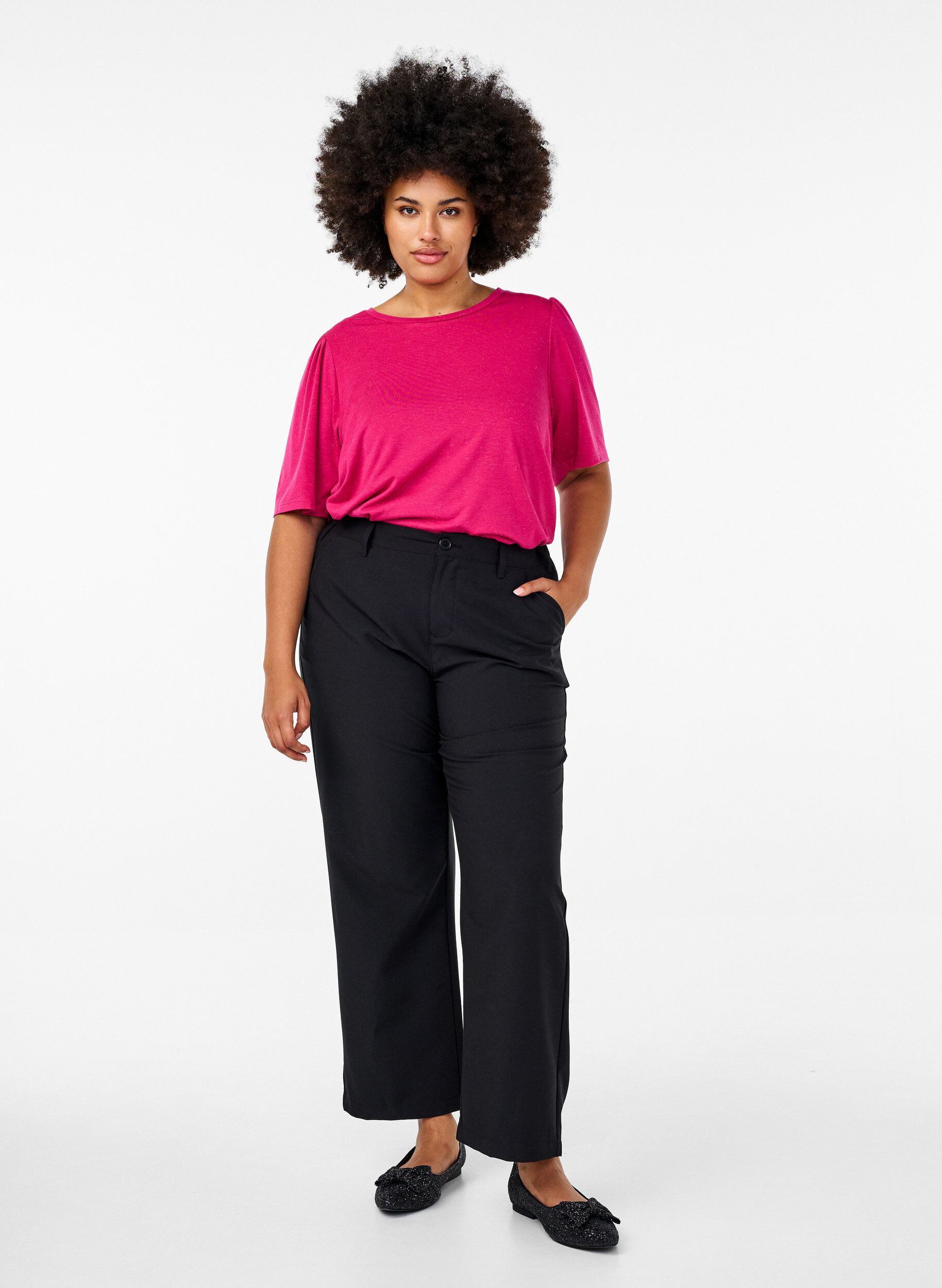 Zizzi Koszulka z brokatem i kr&oacute;tkimi bufiastymi rekawami, R&oacute;żowy, Model image number 1