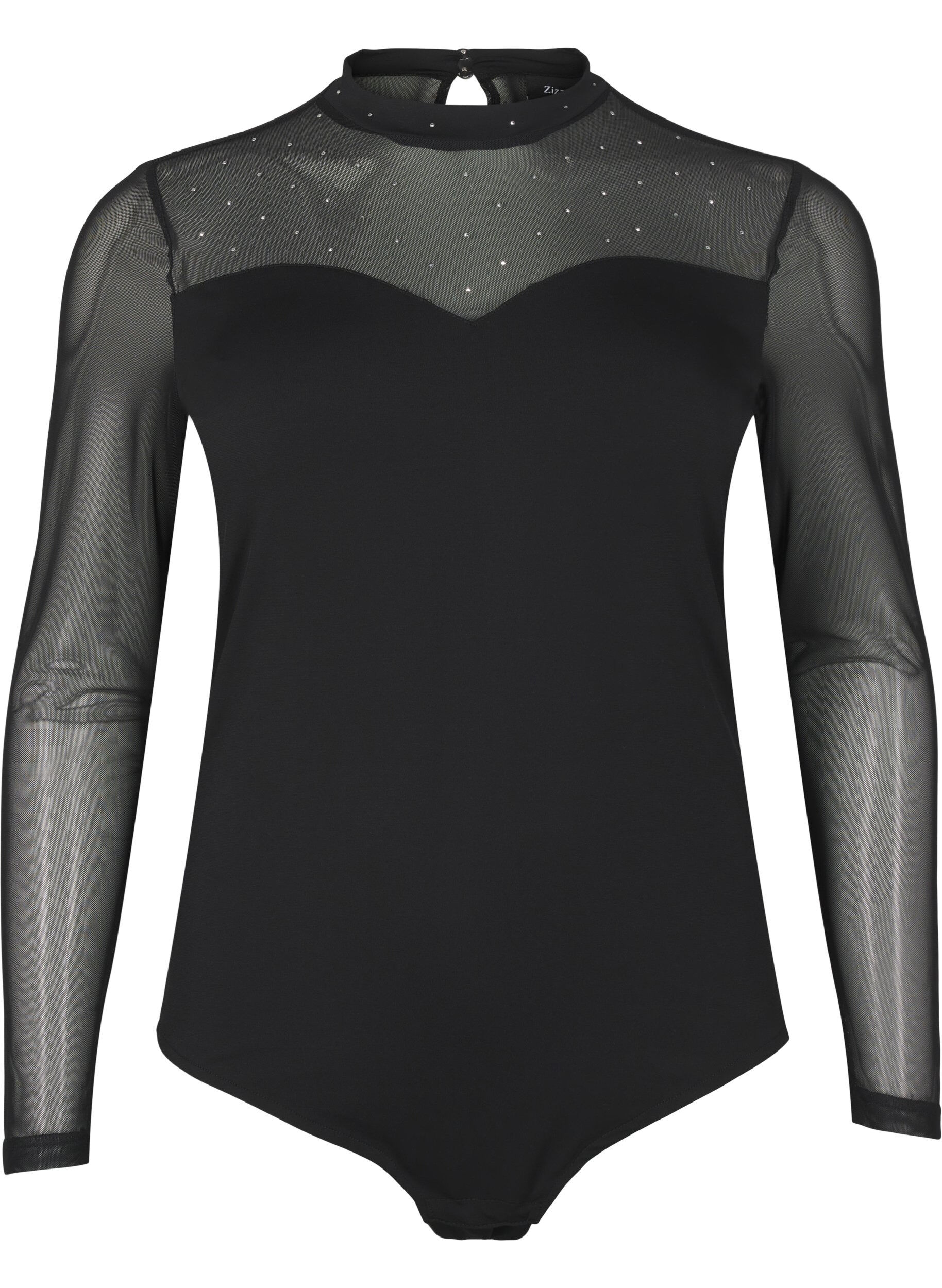 Zizzi Bodystocking z cwiekami i dlugimi siateczkowymi rekawami, Black, Packshot image number 0