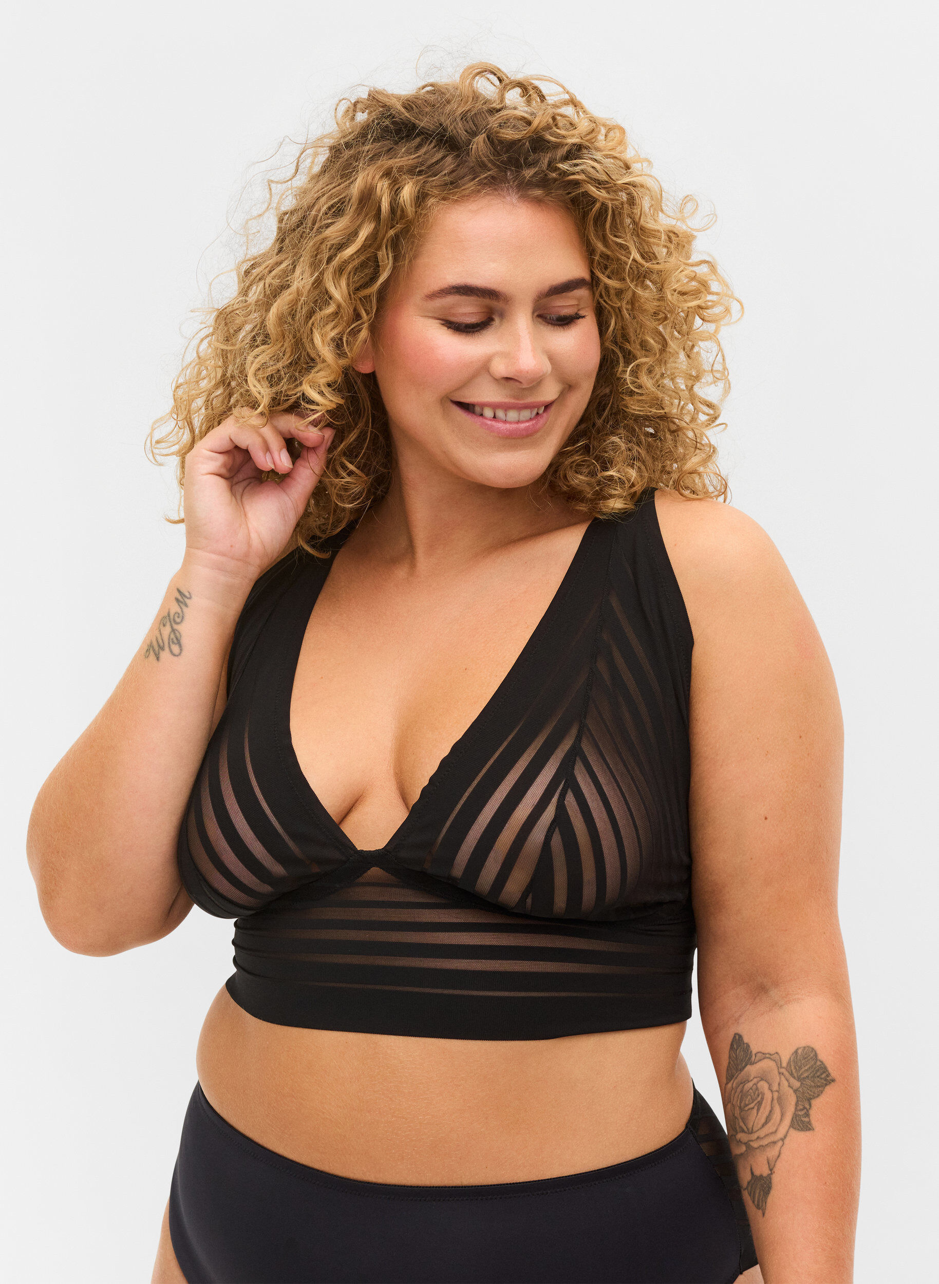 Zizzi Striped mesh bra, Black, Model image number 0