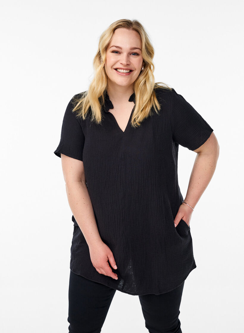 Tunika z bawelnianego muslinu z krótkim rekawem, Czarne, Model image number 0