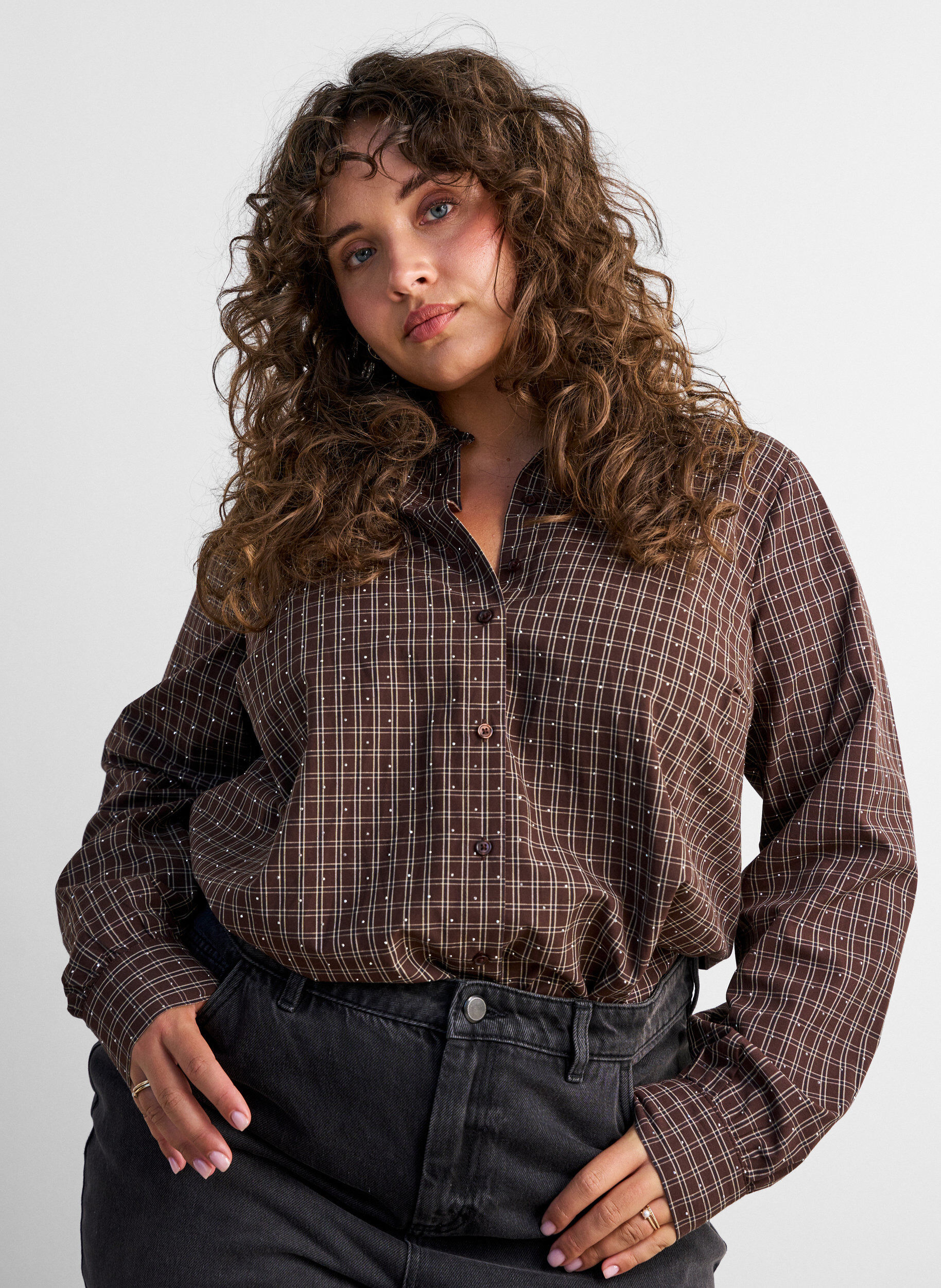 ZizziKoszula w krate z cyrkoniami, Brązowy, Model image number 0