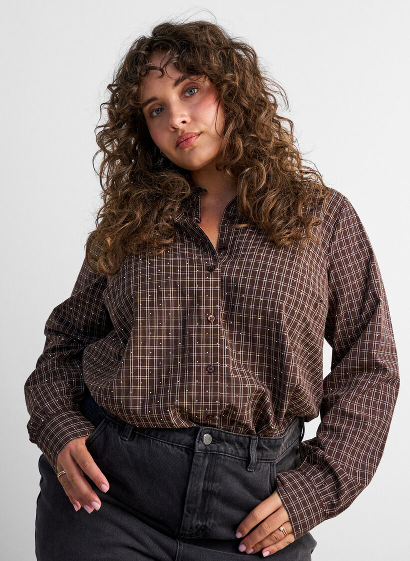 Koszula w krate z cyrkoniami, Brązowy, Model image number 0