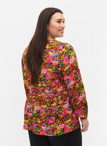 Kwiecista bluzka z wiskozy z marszczeniem, Neon Flower Print, Model image number 1