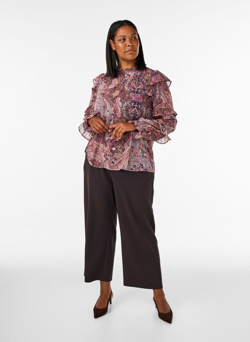Bluzka z nadrukiem w stylu paisley i falbankami, Fioletowy, Model image number 1