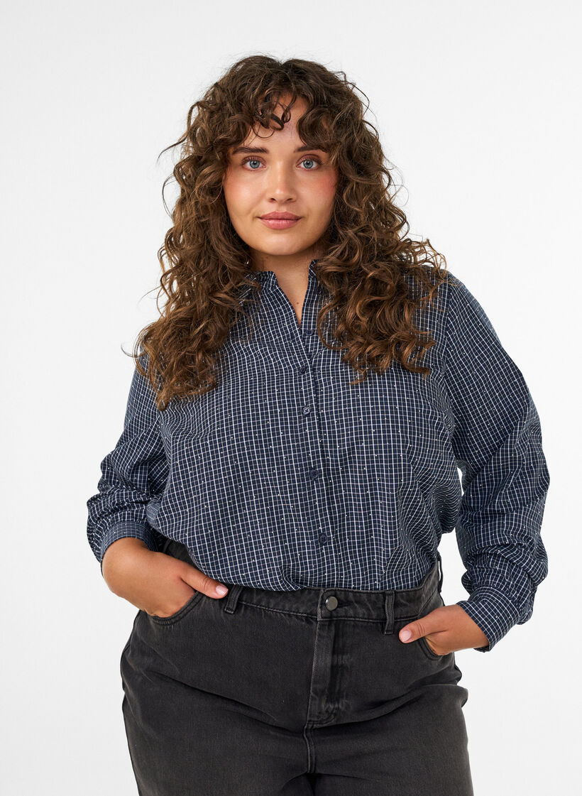 Koszula w krate z cyrkoniami, Niebieskie, Model image number 0