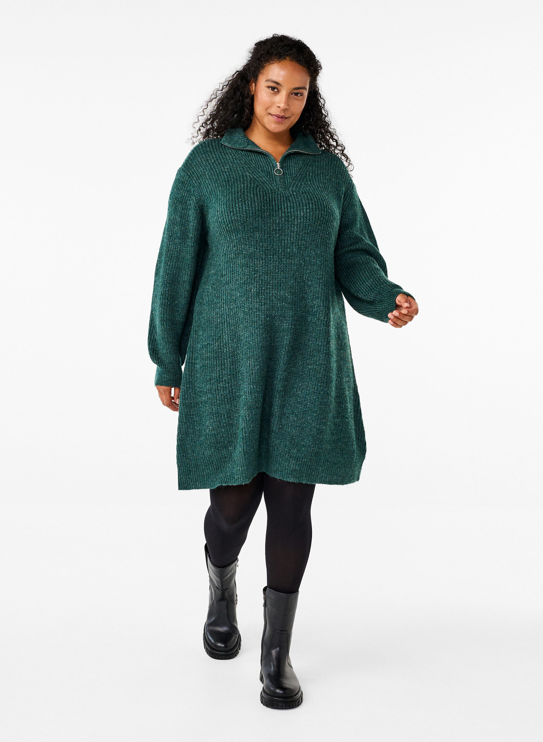 Zizzi Flash &ndash; Dzianinowa sukienka z golfem, Sea Moss Mel., Model image number 2