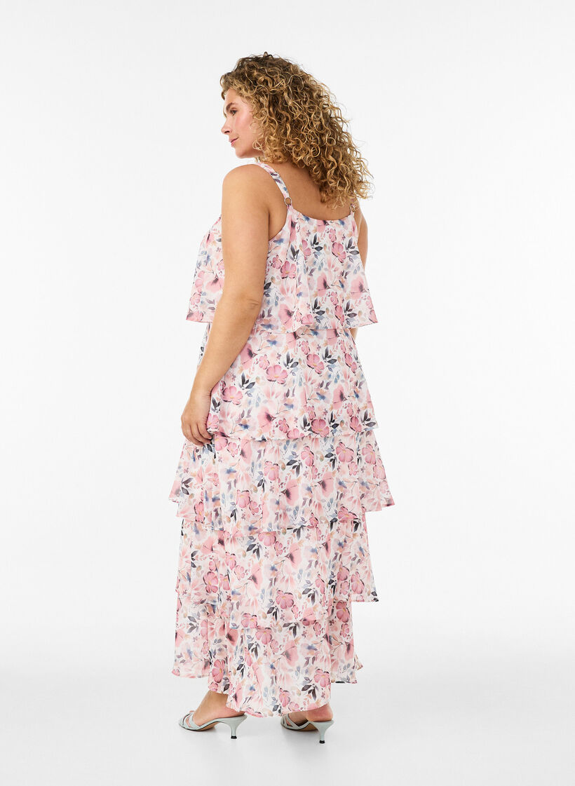 Sukienka maxi z falbanami i odpinana peleryna, Biały, Model image number 4