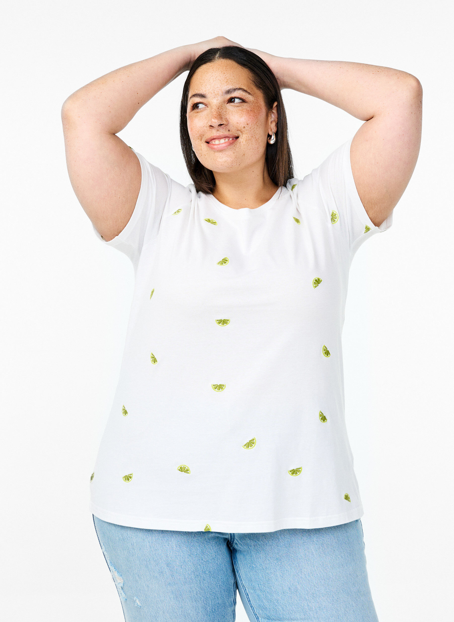 Zizzi Koszulka z bawelny organicznej z haftowanymi motywami, Biały, Model image number 0