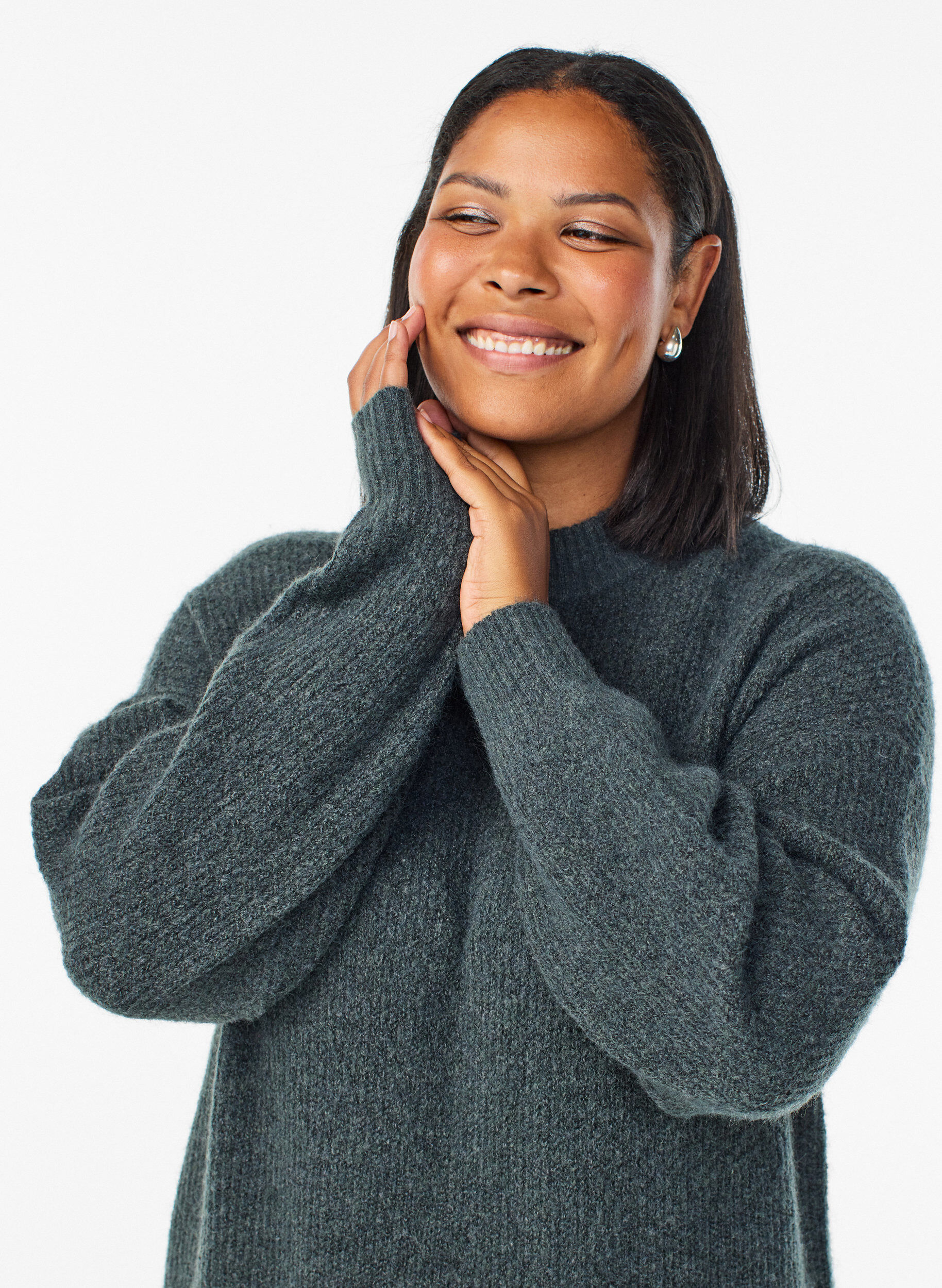 Zizzi Dluga dzianinowa sukienka z wysokim dekoltem, Zielony, Model image number 2