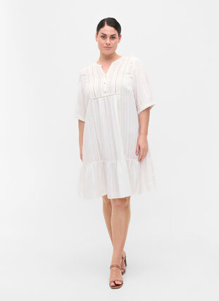 Sukienka z wiskozy w paski z koronkowymi wstazkami, Bright White, Model image number 2